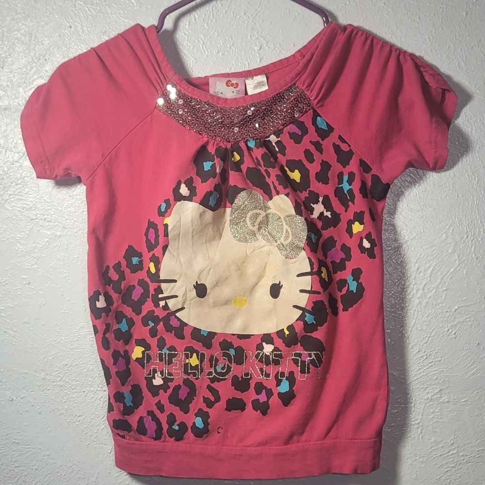 Hello Kitty Size 7/8 Pink Shirt with Leopard Print - Vintage!